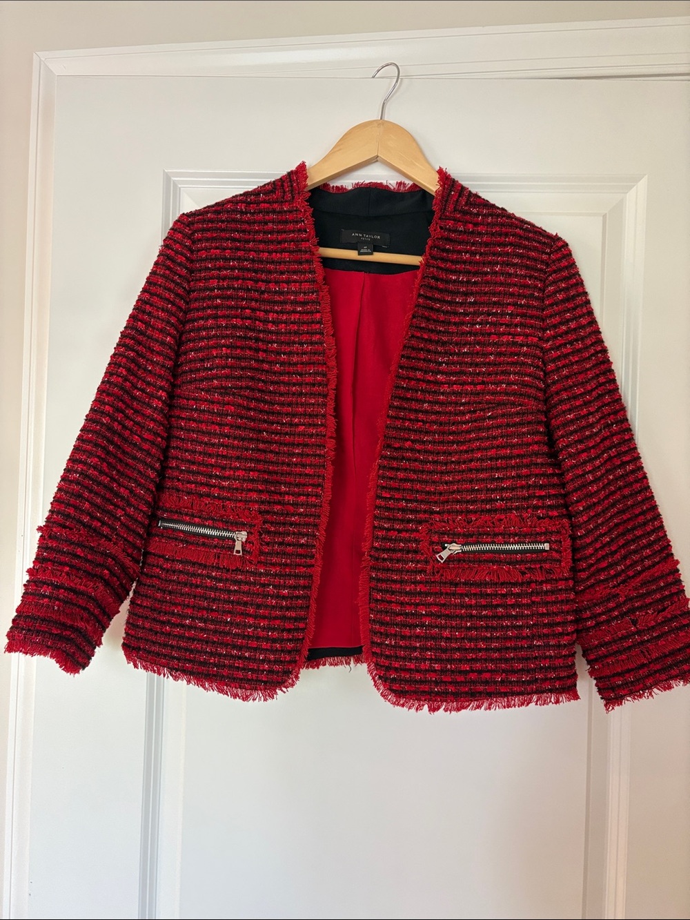 Ann Taylor Red Textured Tweed Zip-Pocket Jacket